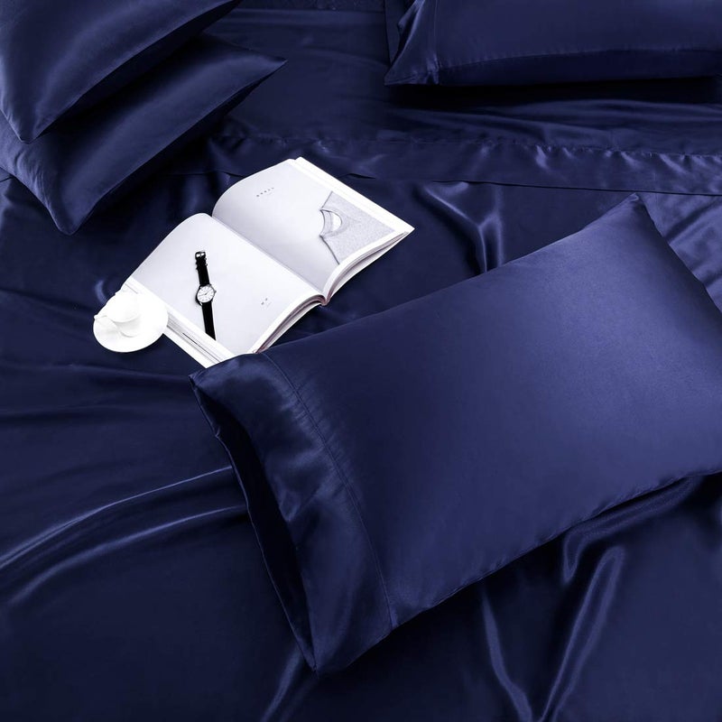 TREELY 6 Piece King Size Satin Sheet Set - Navy Blue, Deep Pocket, Fitted Sheet, Flat Sheet, 4 Pillowcases - Image 3